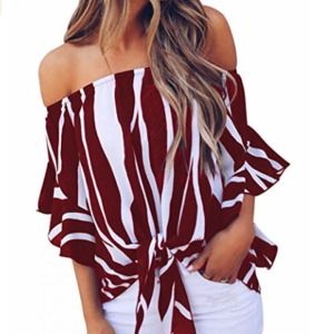 Striped Off Shoulder Bell Sleeve Shirt Tie Knot